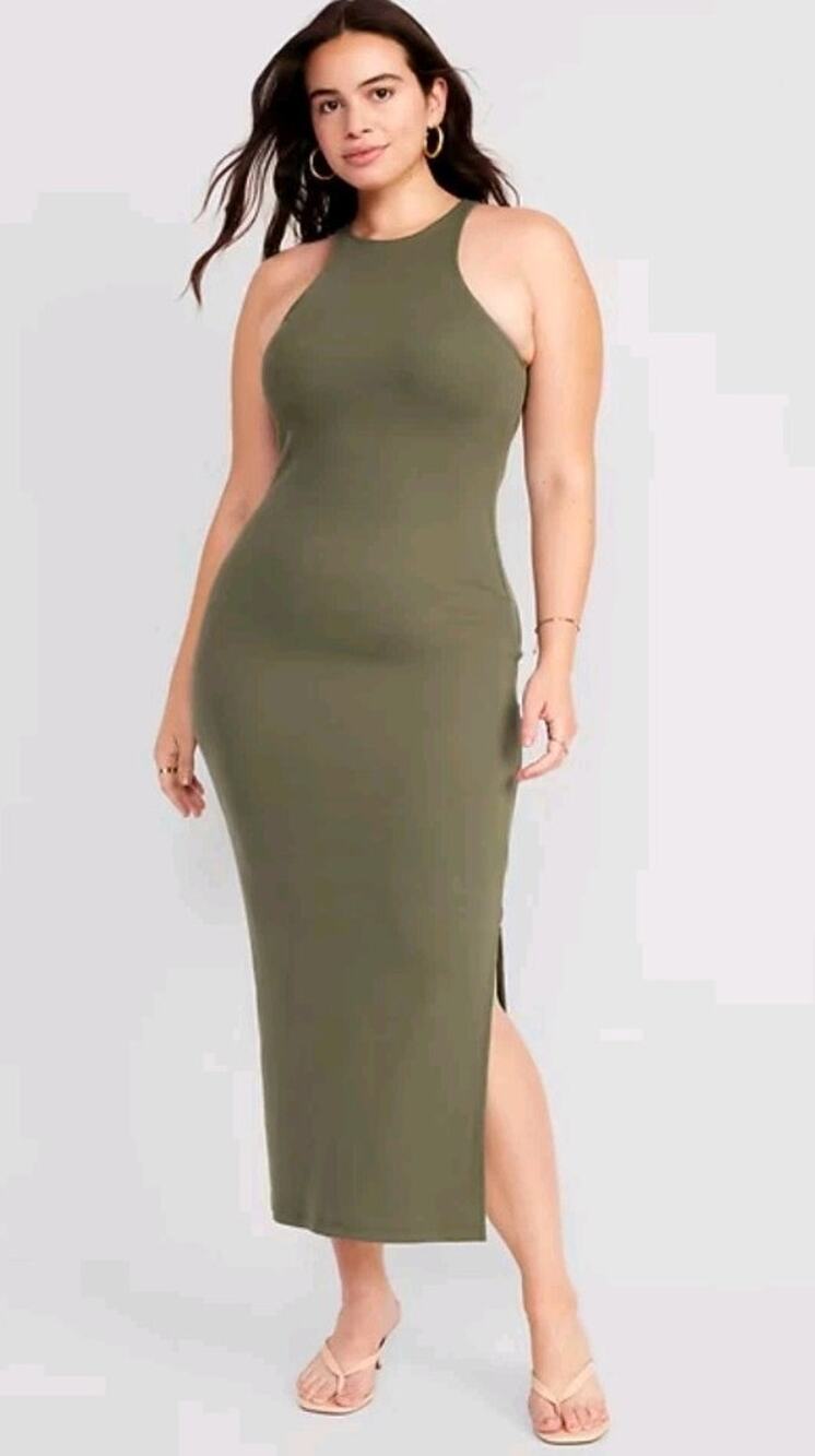 Old Navy green Fitted High Neck Rib Knit Maxi Dress built in bra